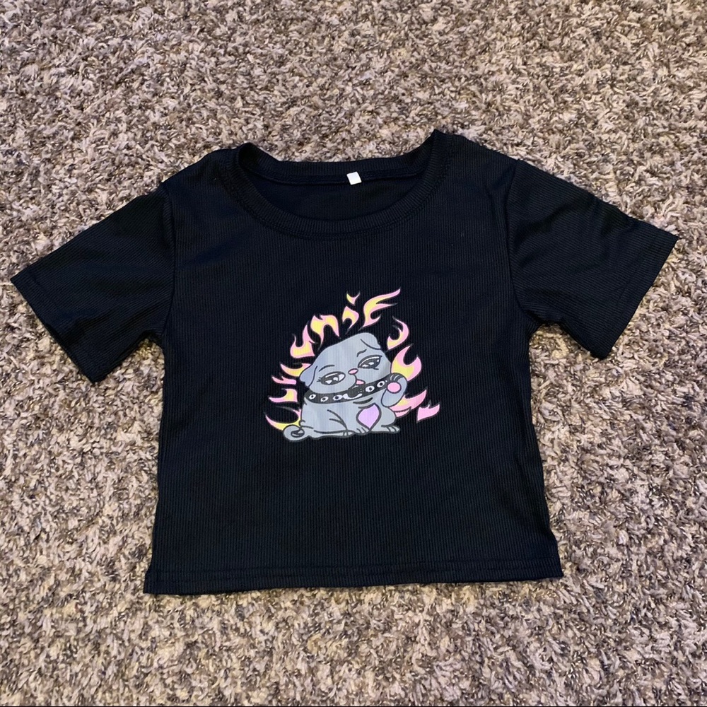 puppy dog and flames black ribbed graphic crop top
